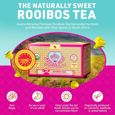 Caffeine Free Chai Rooibos 40 Tea Bags – Ethically Farmed, USDA Organic Chai Tea Bags - South African Red Bush Caffeine Free Chai Tea in Tagless T...