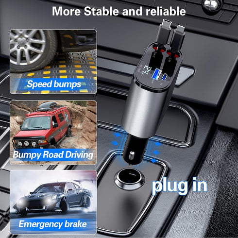 Retractable 3 in 1 Car Charger, Three in one Fast Car Phone Charger, Compatible USB C(Type-C)/Micro USB/Phone, Compatible with IP/Android/Tablets...