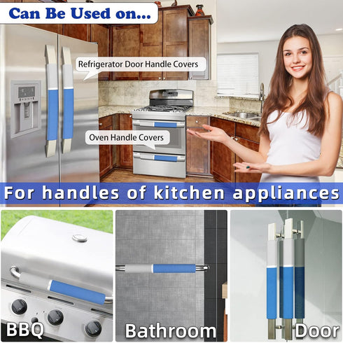 MRKG Refrigerator Door Handle Covers, Set of 5, Washable Without Fading, Keep Your Kitchen Appliance Clean from Smudges, Drips, Food Stains, Oil, 15.6X 5.6 inches, 6x3.5 inches (Blue, Grey)