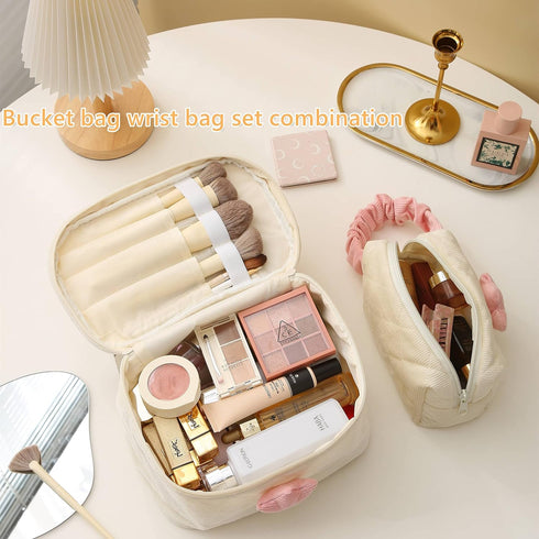 Cute Corduroy Makeup Bag Set of 2(Cream),Quilted Travel Cosmetic Organizer Bag with Tulips, Velvet Toiletry Bag with Portable Makeup Pouch for Wom...