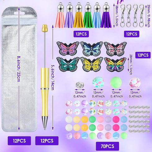 12 Pcs Plastic Beadable Pens Butterfly Themed Bead Ballpoint Pen with Assorted Spacer Beads Silicone Beads Tassels Lobster Clasps and Packaging Ba...