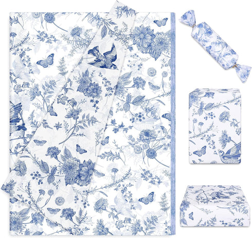 Whaline 100 Sheet Blue Floral Tissue Paper Chinoiserie Gift Wrapping Paper Blue Bird Butterfly Packaging Paper DIY Art Craft Paper for Baby Shower...
