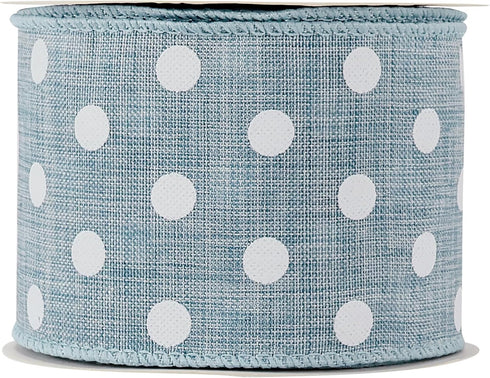 HUIHUANG Denim Blue and White Polka Dot Wired Ribbon 2-1/2 inch, Wire Edge Dots Burlap Ribbon for Wreath Supplies Bows Making DIY Crafts Home Outd...
