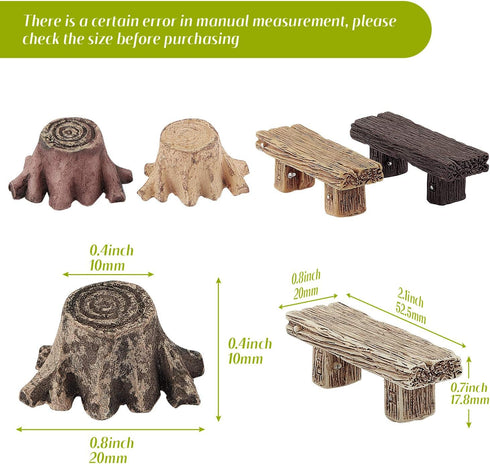 12 Pieces Miniature Garden Ornaments, Includes 6 Pieces Retro Wooden Style Benches, 6 Pieces Artificial Mini Root Stump for Moss Terrariums Landsc...