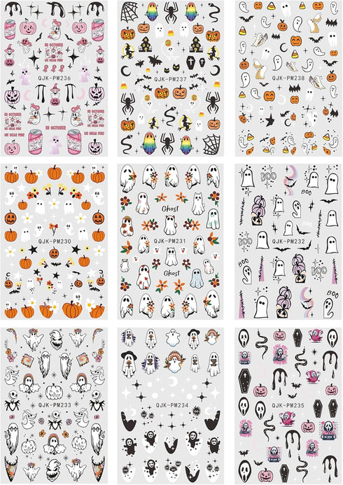 JMEOWIO 9 Sheets Halloween Nail Art Stickers Decals Self-Adhesive Cute Pumpkin Ghost Nail Supplies Nail Art Design Decoration Accessories...
