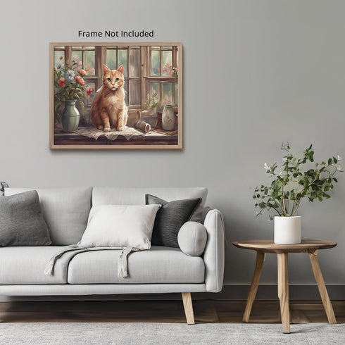 Posterizer 1 pcs- Orange cat sitting on a cupboard in fornt of the window-Art for Animal Lovers-Floral Botanical - Gift for Men Women Teens-Livin...