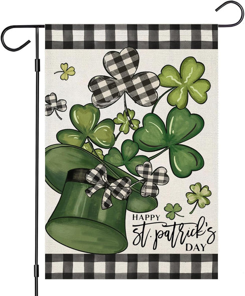 Happy St Patricks Day Garden Flags for Outside Decoration, Buffalo Plaid with lucky Shamrock Hat Small Yard Flag, Seasonal Irish Celebration Farmh...