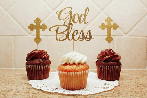 JeVenis 25 PCS Glittery Gold Bless this Child Cross & Cake Toppers - Baptism Cupcake Decorations...