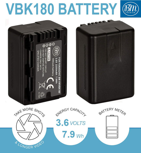 BM Premium VW-VBK180 Battery for Panasonic HC-V10 HC-V100 HC-V500 HC-V600M HC-V700 HDC-HS40 HS40K HS60 HS60K HS80 HS80K SDR-T55 T70 T71 T76 Camcor...