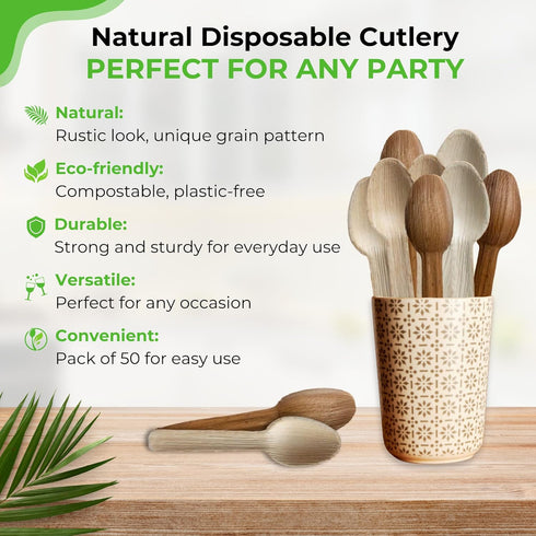 Palm Leaf Spoons 6 Inches (50 Count) | Bamboo Spoons like Natural Eco-friendly Compostable Disposable Cutlery Alternative to Plastic Spoons for We...