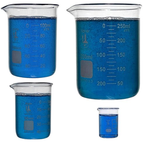 Karter Scientific 214T2, 3.3 Boro, Griffin Low Form, Glass Beaker Set - 4 Sizes - 10ml, 50ml, 100ml, 250ml...