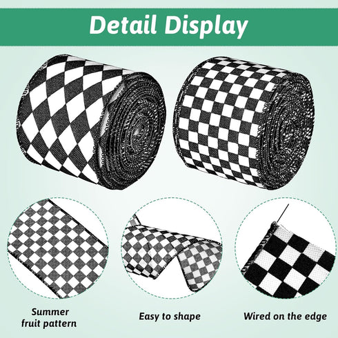2 Rolls/ 20 Yards Black and White Checkered Ribbons Buffalo Plaid Wired Edge Ribbon Diamond Gingham Valentine's Day Gift Wrapping Ribbon for DIY H...
