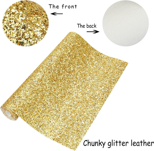 Gold Chunky Glitter Faux Leather Roll 12 x 52 inch Shiny Solid Color Fall Fabric for Princess Bows Crafts Earrings (16013#13)...