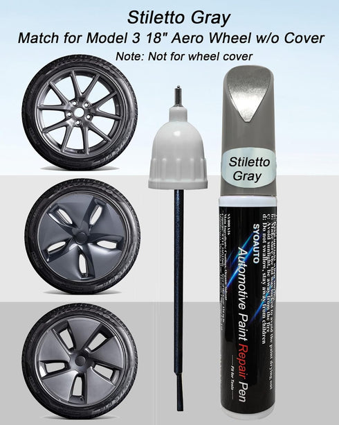 SYOAUTO Stiletto Gray Rim Touch Up Paint For Tesla Model 3 18" Aero Wheel Touch Up Paint Pen Tip and Brush 2 in 1 Rim Scratch Repair Wheel Curb Ra...