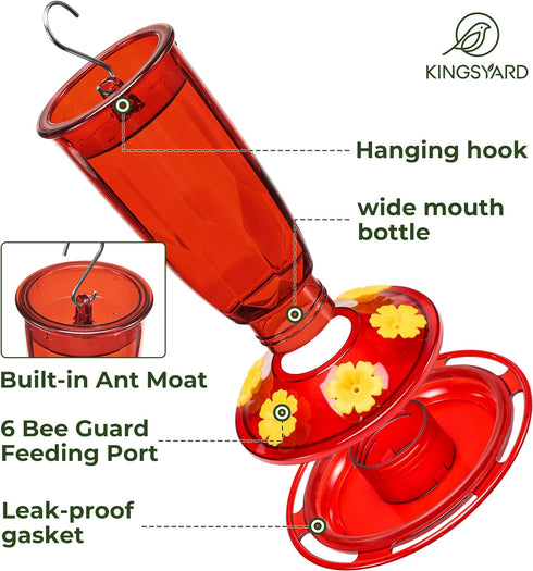 Kingsyard Hummingbird Feeder for Outdoors Hanging - 6 Bee Guard Feeding Ports & Built-in Ant Moat, Wild Bird Feeder for Outside Garden Yard Patio ...