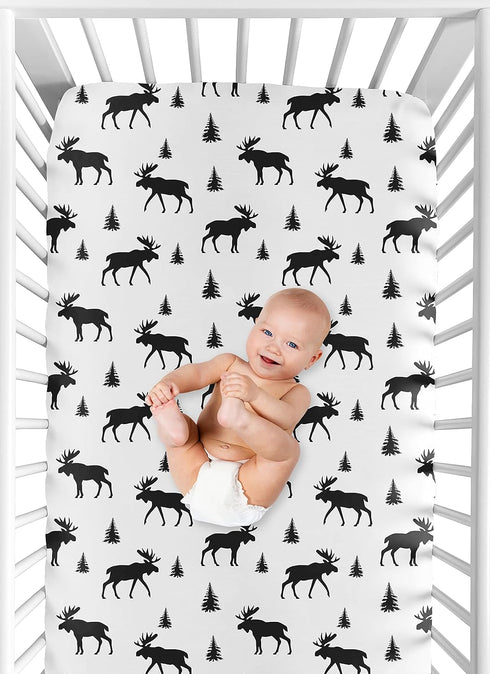 Black and White Woodland Moose Baby or Toddler Fitted Crib Sheet for Rustic Patch Collection by Sweet Jojo Designs...