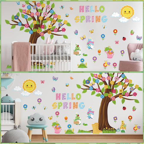 150 Pcs Spring Classroom Tree Bulletin Board Set Hello Spring Bulletin Board Decorations Flowers Green Leaves Woodland Cutouts Bulletin Board Stic...
