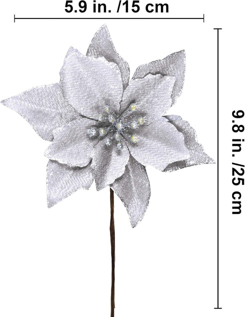 Winlyn 24 Set Christmas Silver Glitter Poinsettia Flower Picks Christmas Tree Ornaments for White Silver Christmas Tree Wreaths Garland Holiday Se...