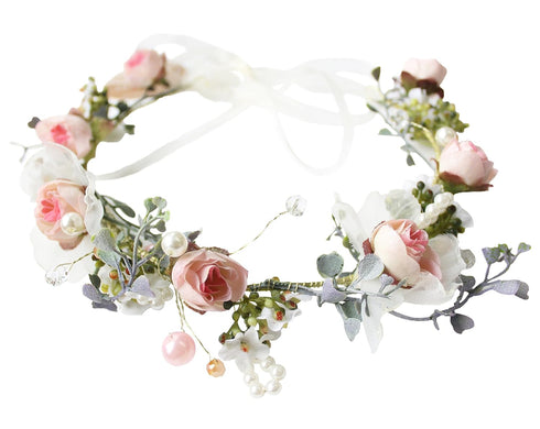 Vivivalue Pearl Flower Crown Floral Garland Headband Flower Halo Headpiece Hair Wreath Boho with Ribbon Party Wedding Festival Photos Pink...