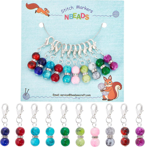 NBEADS 10 Pcs Glass Bead Stitch Markers, Alloy Enamel Crochet Stitch Marker Charms Locking Stitch Marker for Knitting Weaving Sewing Accessories Q...