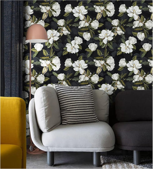 HAOKHOME 93169-1 Peel and Stick Gardenia Floral Wallpaper Removable Black/White/Green Vinyl Self Adhesive Mural 17.7in x 9.8ft...