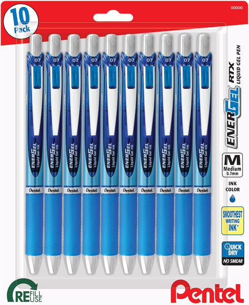 Pentel EnerGel RTX Retractable Premium Liquid Gel Pen, (0.7mm) Needle Tip, Ultra Smooth, Medium Line, Blue Ink 10 Pack, BLN77BP10C...