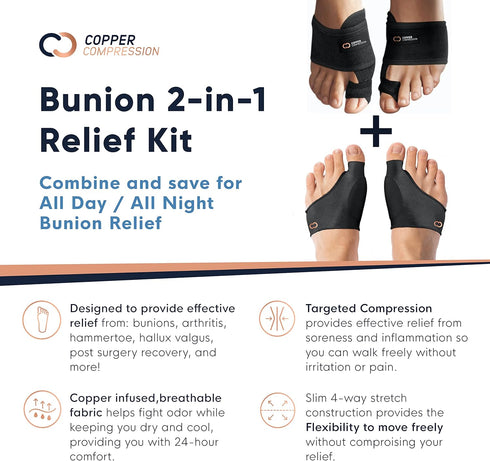 Copper Compression Bunion Relief Kit - Includes 1 Pair Each of Bunion Corrector Cushion Sleeves & Bunion Corrector Toe Splints - Pads & Straighten...
