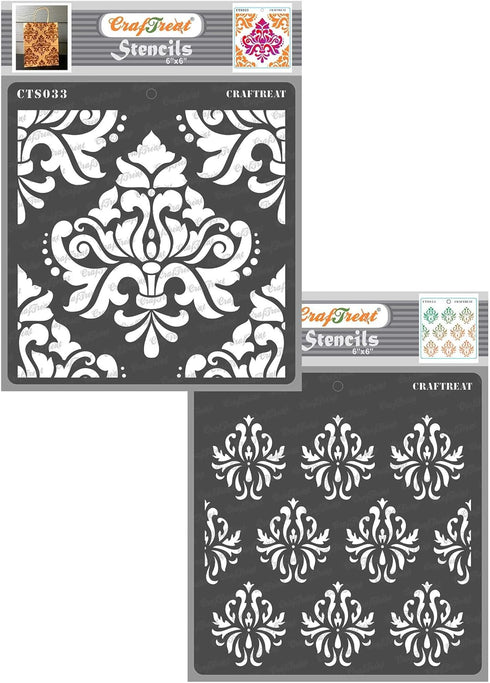 CrafTreat Damask Stencils for Painting on Wall, Tile, Wood, Canvas, Paper, Fabric, and Floor - Bold Damask and Damask Background - 2 Pcs - 6x6 Inc...