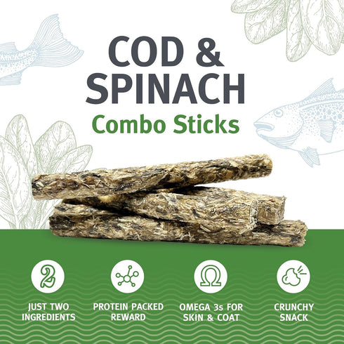 Icelandic+ Combo Sticks: Cod & Spinach - 2oz - Dog Treats, Crunchy 2 Ingredient Pet Snacks, Preservative Free, Wild Caught Fish, Slow Baked, Natur...