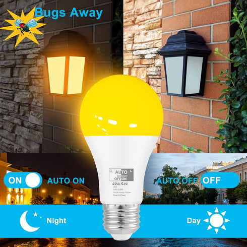 Dusk to Dawn Bug Light Bulbs Outdoor, 1900K Amber Yellow, 600 Lumen, LED 9.5W, A19 E26, 4-Pack, HQ-H018...