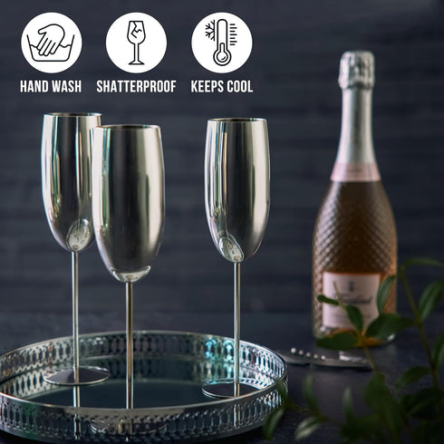 Oak & Steel - 4 Silver Stainless Steel Champagne Flutes with Gift Box, 284 ml - Elegant, Solid & Unbreakable - Outdoor Parties, Picnic, Beach & Po...
