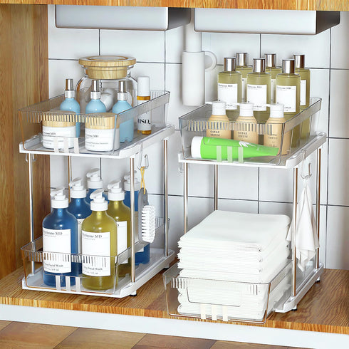 2 Tier Under Sink Organizers and Storage Bathroom Organizer w Dividers and Lids, Snack Organizer for Pantry Pull Out Cabinet Organization for Kitc...