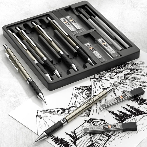 Nicpro 0.7 mm Art Mechanical Pencils Set, 6 PCS Metal Drafting Pencil 0.7mm Tube HB Lead Refills & 18 Cap Eraser for Adults, Children, Artist Writ...