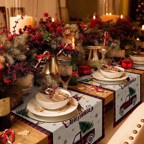 Christmas Truck Cotten Linen Table Runners 90 Inches Long, Red Buffalo Plaid, Non-Slip Burlap Table Cloth Runner for Home/Dining/Wedding/Party/Hol...