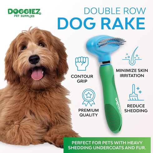 Double Row Dog Rake Deshedding Comb for Matted Hair - Top Fur & Undercoat Deshedding Brush for Dogs & Cats, Long Hair & Short - Undercoat Rake Bru...