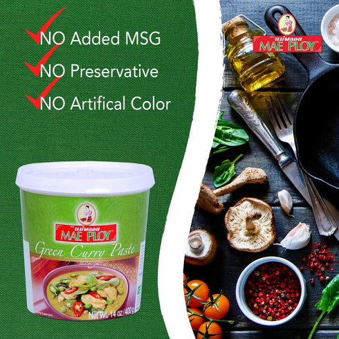 Mae Ploy Green Curry Paste, Authentic Thai Green Curry Paste for Thai Curries & Other Dishes, Aromatic Blend of Herbs, Spices & Shrimp Paste, (14o...