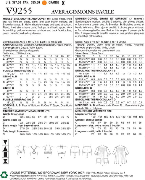 Vogue Patterns Casual Bra and Shorts, 14-16-18-20-22, Orange...