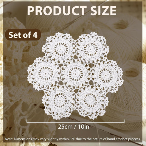 kilofly Crochet Cotton Lace Table Placemats Doilies Pack, 4pc, White, Blossoms, 10 inch...
