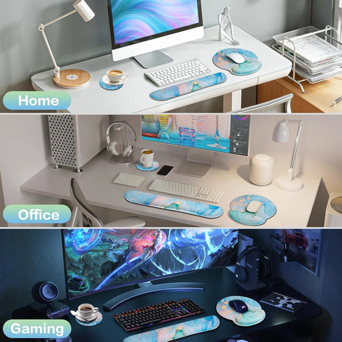 Qomalama 3-in-1 Mouse Pad with Wrist Rest Set,Wrist Support Mouse Pad+Keyboard Gel Wrist Rest+Cup Pad,Ergonomic Mouse Pad,Relieving Wrist Pain,Non...