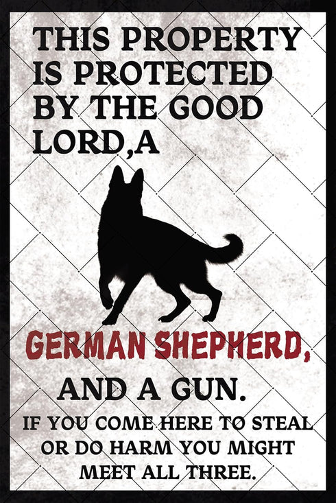 Funny Dogs Metal Tin Signs Beware Of Dog Sign Warning Signs Fence German Shepherd Sign This Property Is Protected By The Good Lord Metal Signs Hom...