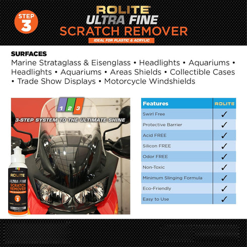 Rolite Ultra Fine Scratch Remover (8 fl. oz.) for Plastic & Acrylic Surfaces Including Marine Strataglass & Eisenglass, Headlights, Aquariums...