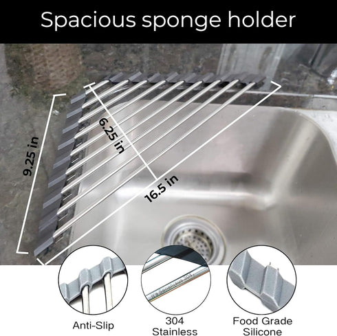 Roll Up Sponge Holder for Counter, Sink Organizer for Kitchen, Bathroom, Laundry Room, 304-Stainless Steel Sink Organizer for Sponge, Brush, Scrub...