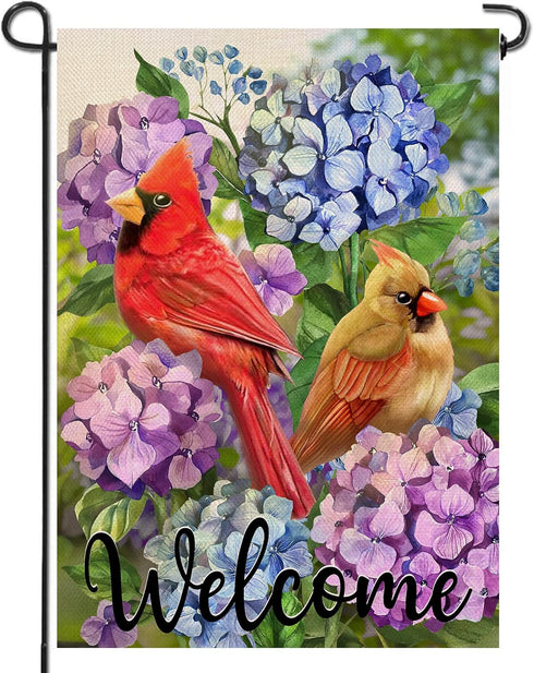 Welcome Summer Cardinal Red Birds Home Decorative Garden Flag, Yard Hydrangea Flowers Outside Decor, Spring Outdoor Small Burlap Decoration Double...