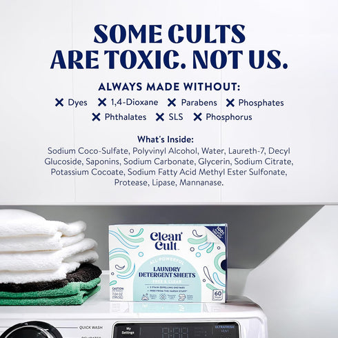 Cleancult Laundry Detergent Sheets - 3 Stain Fighting Enzymes - Concentrated Liquidless Laundry Detergent Sheets - Fragrance Free - 60 Loads - Fre...