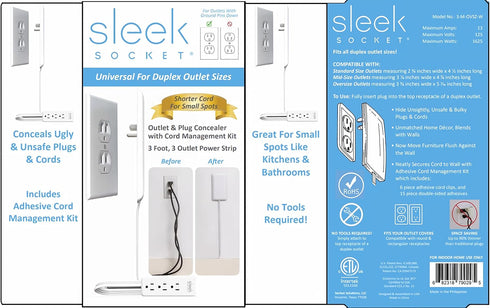 Sleek Socket Original & Patented Ultra-Thin Outlet Concealer with Cord Concealer Kit, Flat Extension Cord with Multi Outlets Power Strip, Ideal fo...