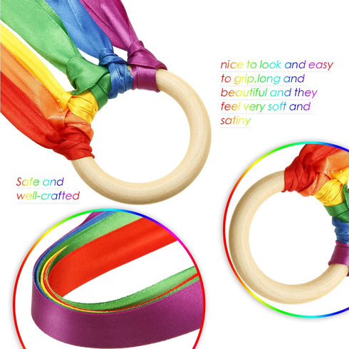 WILLBOND 3 Pieces Rainbow Hand Kite Ribbon Wrist Ribbons, Ribbon Wind Wand Dancing Ribbon Streamer with Wood Ring Learning Sensory Educational Toy...