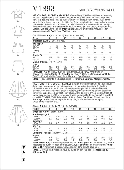 Vogue Misses' Lined Bra Top, Semi-Fitted Shorts, and Skirt Sewing Pattern Kit, Design Code V1893, Sizes 6-8-10-12-14...