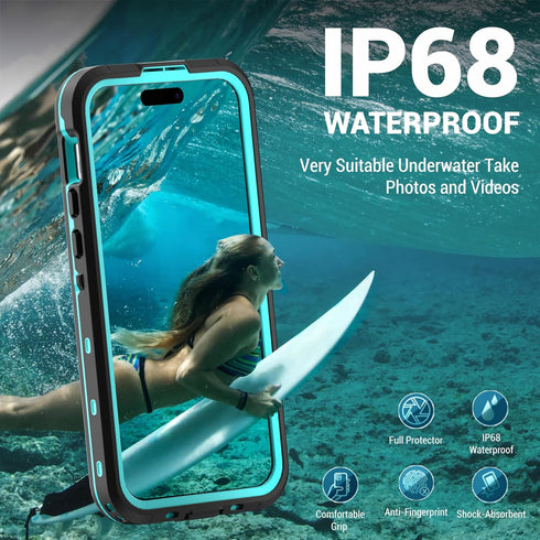 for iPhone 15 Pro Max Waterproof Case with Stand, IP68 Underwater Shockproof Dustproof Phone Case Built-in 6H Screen Protector, Full Body Protecti...