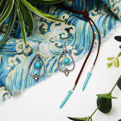 Hicarer Western Jewelry Women Bohemian Turquoise Pendant Long Choker Suede Choker Necklace with Turquoise Statement Dangle Earrings...