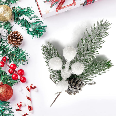White Christmas Berries Floral Pine Cones Christmas Artificial Pine Branches Evergreen Branch Berries for Decoration DIY Christmas Craft Wreath De...